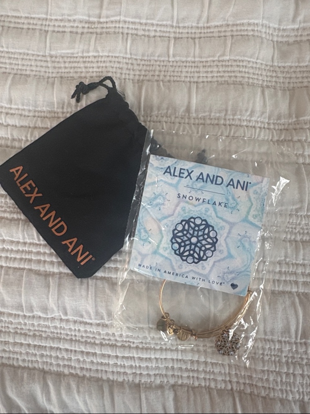 Alex and Ani Gold Snowflake Charm Bangle with Black Pouch